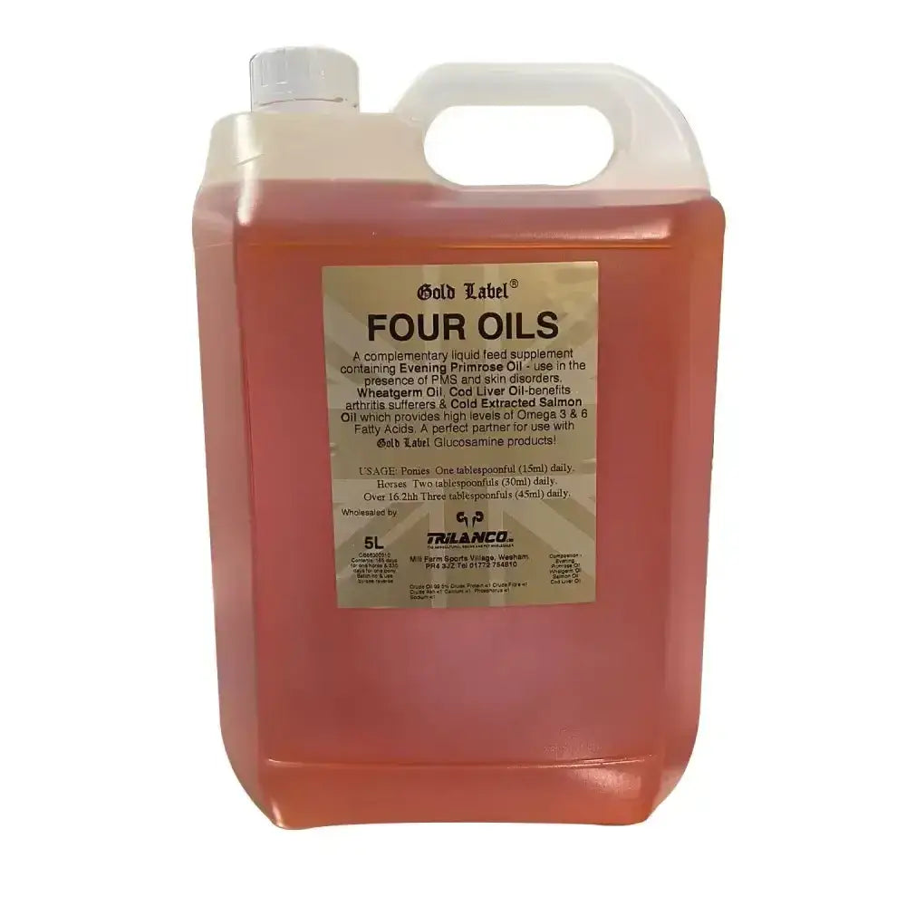 A 5 liter translucent plastic jug of trilanco gold label four oils with amber liquid rich in linolenic acid and evening primrose oil