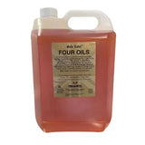A 5 liter translucent plastic jug of trilanco gold label four oils with amber liquid rich in linolenic acid and evening primrose oil