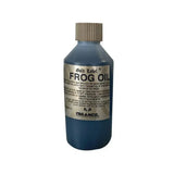Blue plastic bottle with ribbed gold cap and silver label gold label frog oil strong anti fungal solution by trilanco