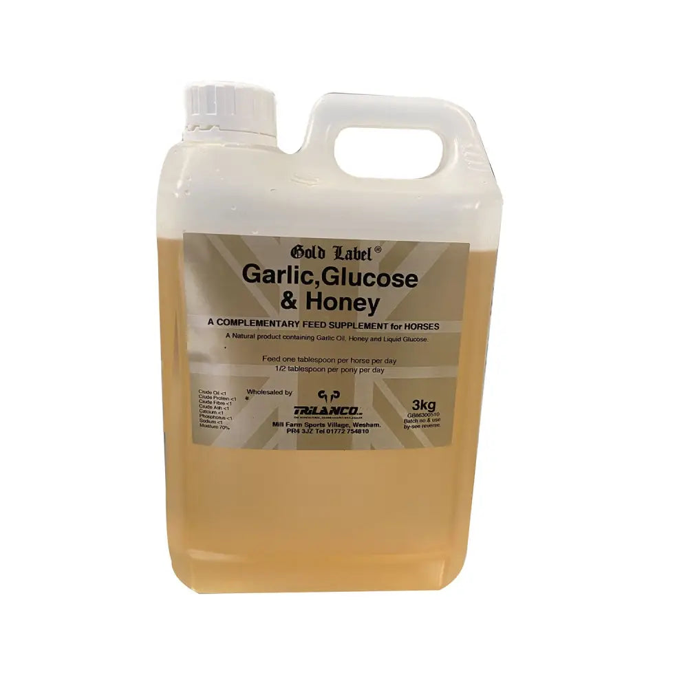 A white plastic jug of gold label garlic natural complementary supplement with garlic liquid for horses