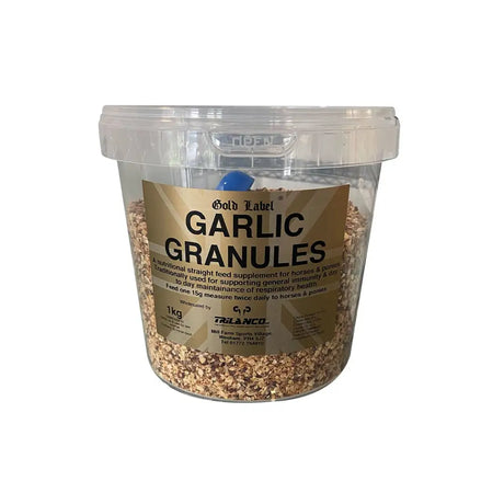 Clear plastic container of trilanco gold label garlic granules in golden brown for straight feed supplement use