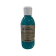 A teal translucent plastic bottle of gold label germigel with a white cap and beige label for wound care in animal husbandry
