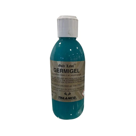 A teal translucent plastic bottle with white cap and beige label for gold label germigel wound care in animal husbandry