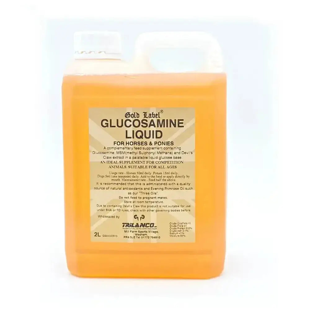 Orange 2-liter plastic bottle of gold label glucosamine liquid with devils claw for horses and ponies