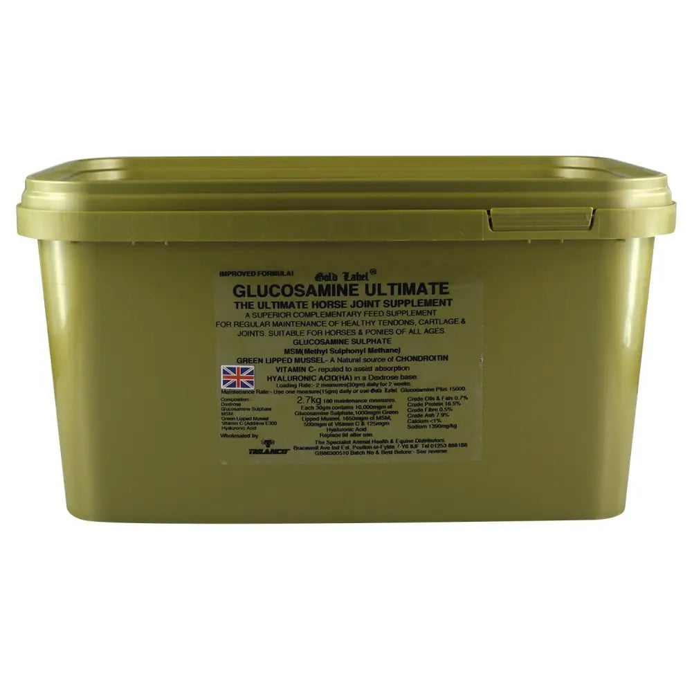 Olive green plastic container with matching lid and label glucosamine ultimate for horse joints gold label glucosamine alternative formulation