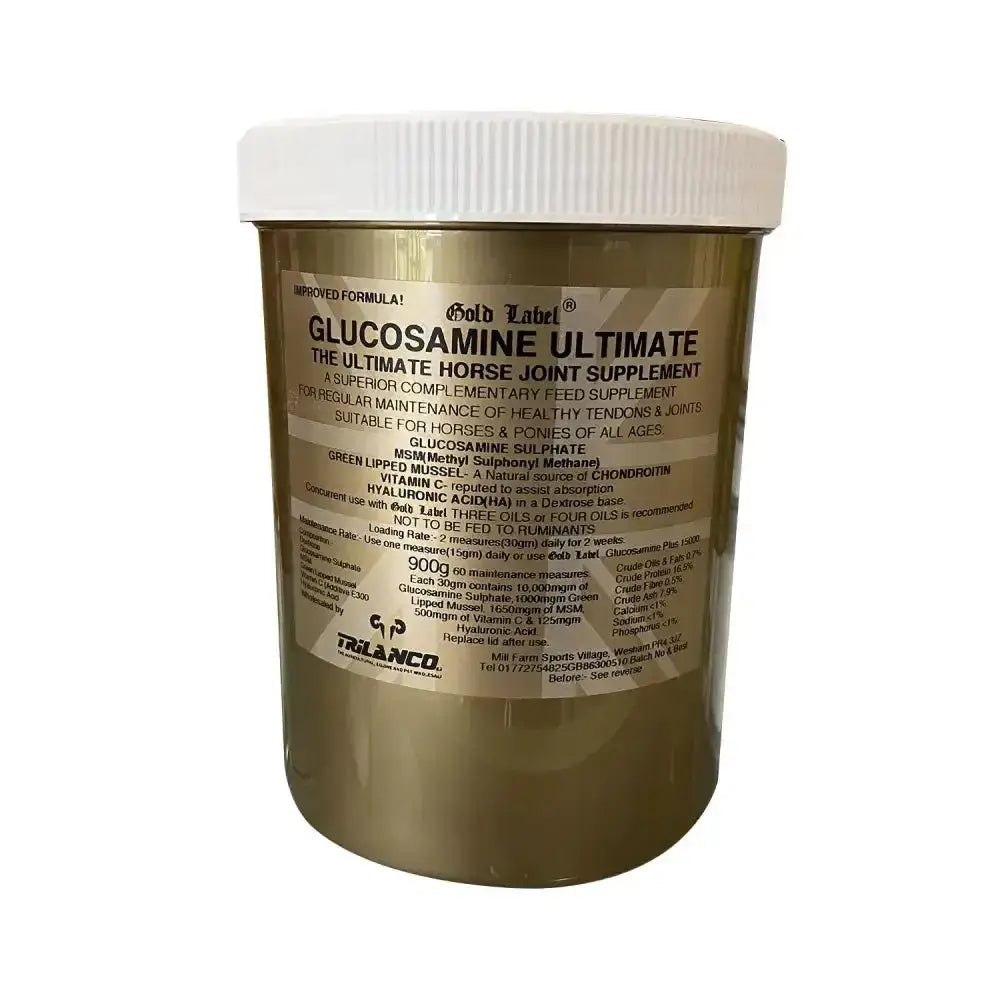 Gold label glucosamine ultimate horse joint supplement in a translucent amber container with white screw-top lid alternative formulation