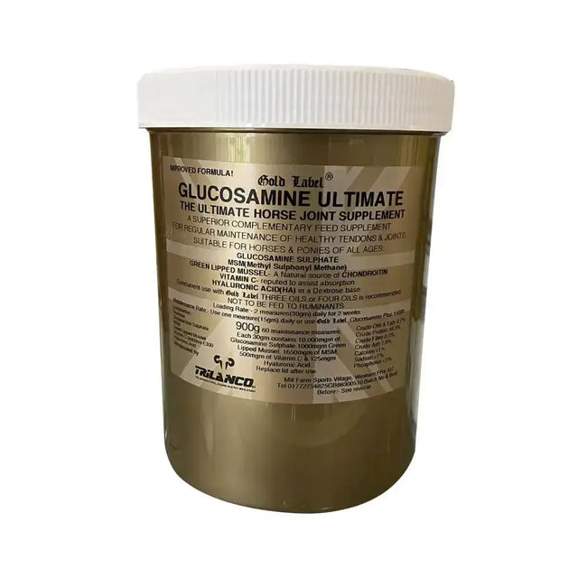 Gold label glucosamine ultimate horse joint supplement in a translucent amber container with white screw-top lid alternative formulation