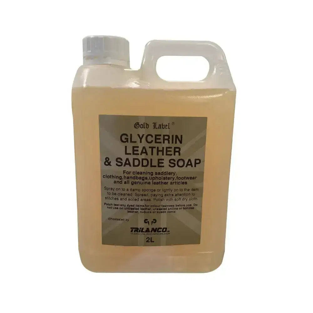 A 2-liter translucent jug of gold label glycerin leather saddle soap liquid by trilanco in pale yellow for easy apply liquid saddle care