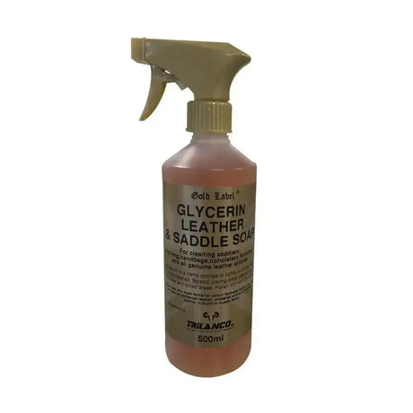 Gold label glycerin leather and saddle soap liquid in a 500ml translucent bottle with beige spray nozzle for easy apply liquid saddle use