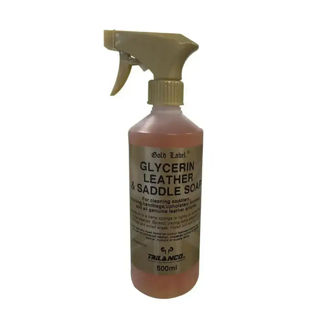 Gold label glycerin leather and saddle soap liquid in a 500ml translucent bottle with beige spray nozzle for easy apply liquid saddle use