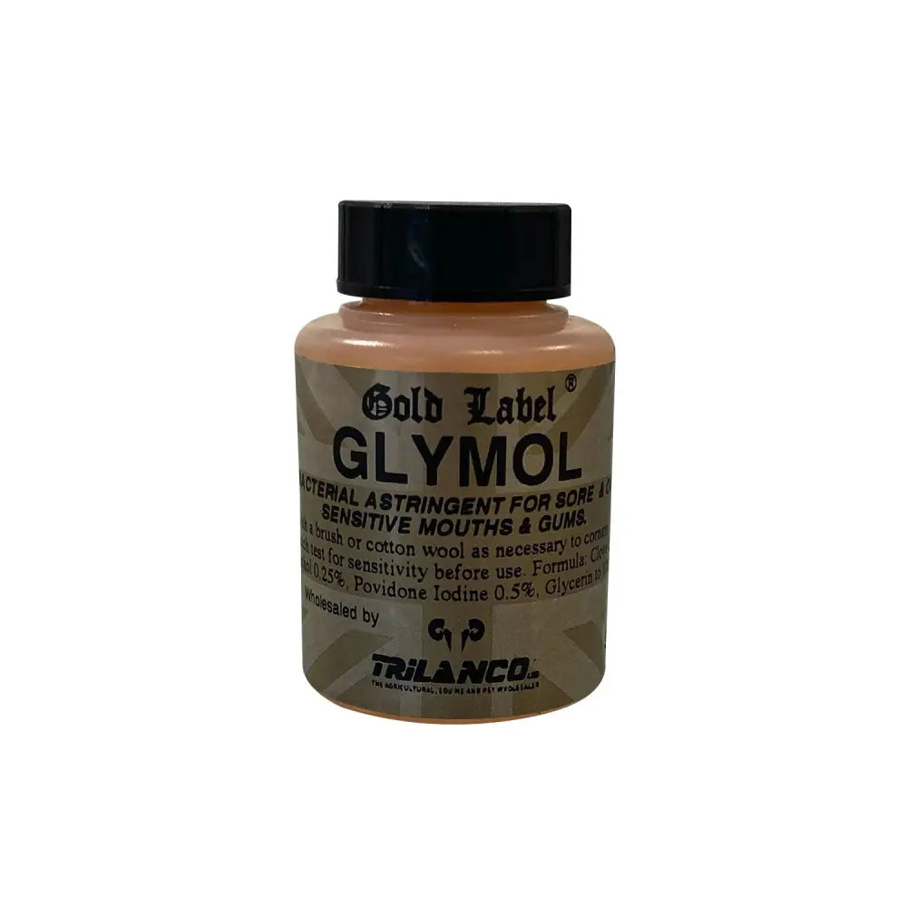 Beige antibacterial glymol mouth paint in a translucent bottle with black cap for over-sensitive mouths by gold label glymol