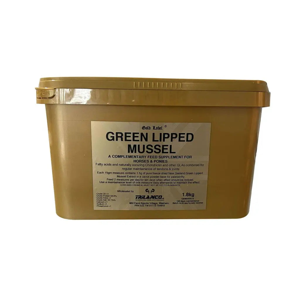 Gold-colored plastic container of trilanco gold label green lipped mussel supplement for pain free joints in horses