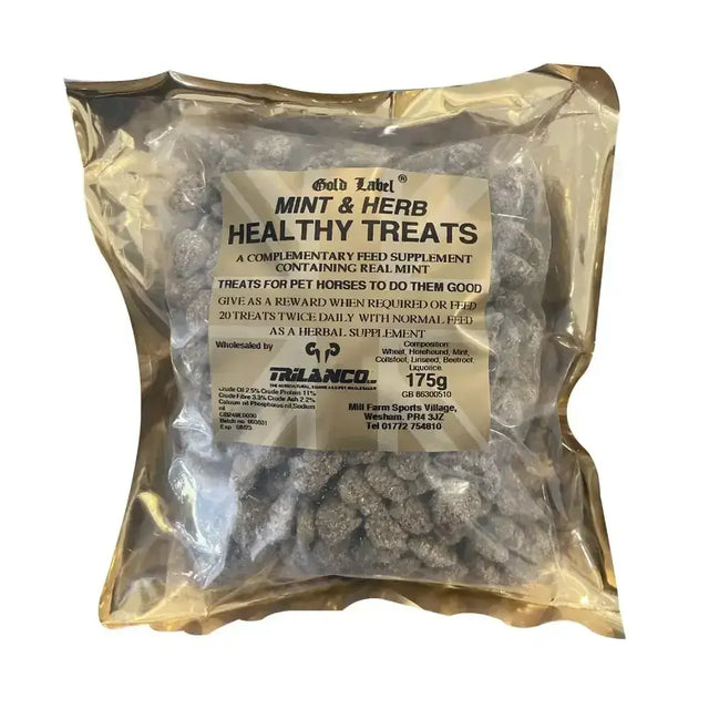 Gold label healthy treats original mint treats in clear plastic bag with gold foil lining for horses