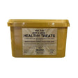 Gold label herbal healthy horse treats in a 2kg gold plastic container with matching lid for herbal healthy treats