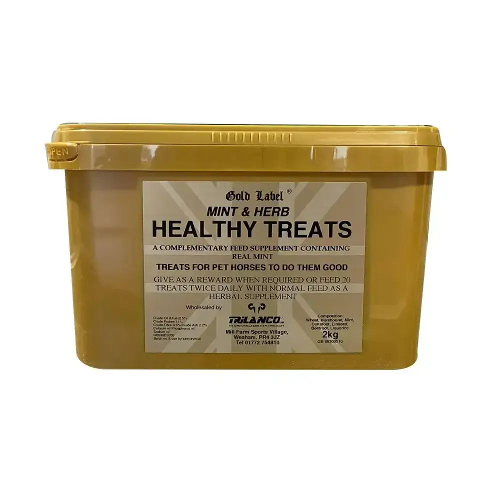 Gold label herbal healthy horse treats in a 2kg gold plastic container with matching lid for herbal healthy treats