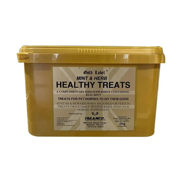 Gold label herbal healthy horse treats in a 2kg gold plastic container with matching lid for herbal healthy treats