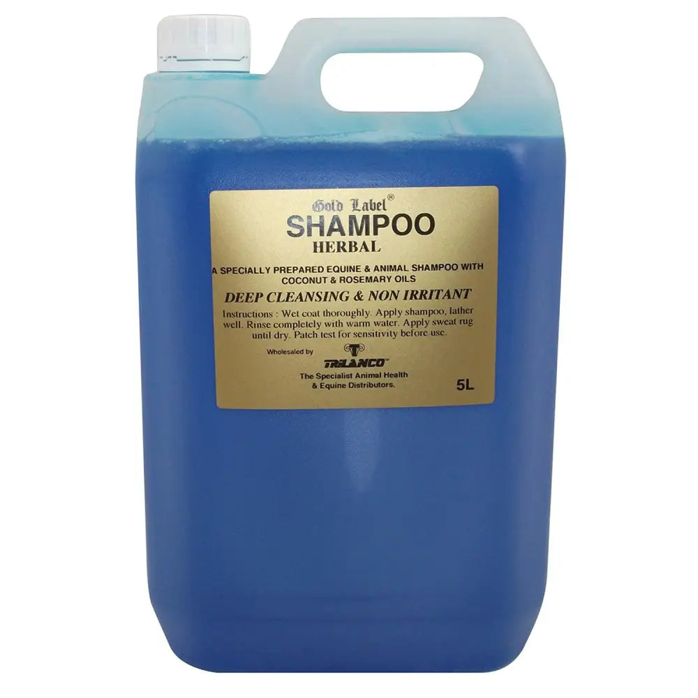 Blue 5-liter plastic jug of gold label herbal shampoo with white cap and handle for horse grooming with coconut-based conditioner