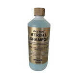 A translucent light blue 500ml bottle of gold label herbal shampoo with gold cap ideal for horse grooming and coconut-based conditioner