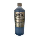 Blue 1-liter bottle of gold label hoof oil with gold label and metallic cap made with natural ingredients including vegetable pine tar