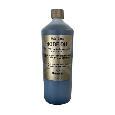 Blue 1-liter bottle of gold label hoof oil with metallic cap featuring natural ingredients including vegetable pine tar