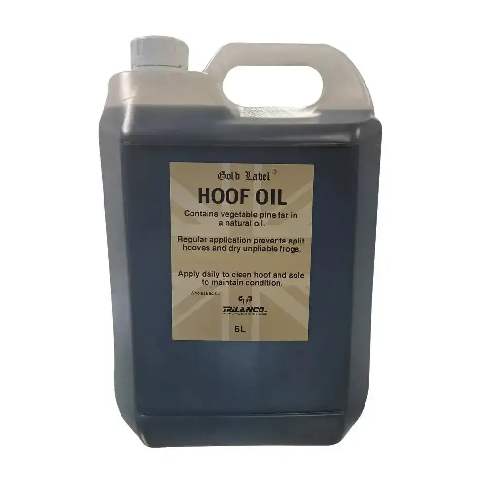 Dark blue 5l plastic jug of gold label hoof oil with white handle and cap made with natural ingredients including vegetable pine tar