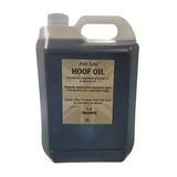 Dark blue 5l plastic jug of gold label hoof oil with white handle and cap made with natural ingredients including vegetable pine tar