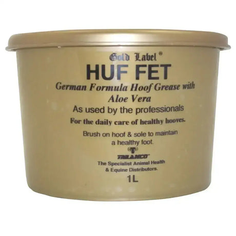 Gold label huffet hoof grease in a 1l matte tan tub with german formula aloe vera for strong healthy hooves