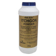 White plastic bottle with blue cap and gold label for horse use labeled gold label itchgon powder
