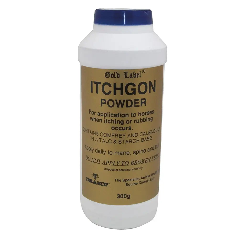 White plastic bottle with blue cap and gold label for horse use labeled gold label itchgon powder