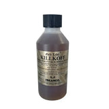 A dark amber bottle with black ribbed cap and beige label showing gold label killkoff killkoff herbal syrup soothing coltsfoot