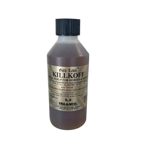 A dark amber bottle with black ribbed cap and beige label showing gold label killkoff killkoff herbal syrup soothing coltsfoot