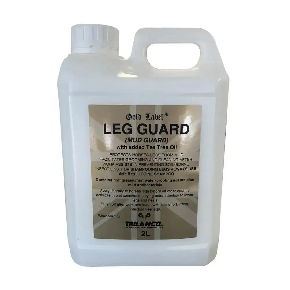 White plastic 2l jug of gold label leg guard with tea tree oil to facilitate easier cleaning of horse’s legs