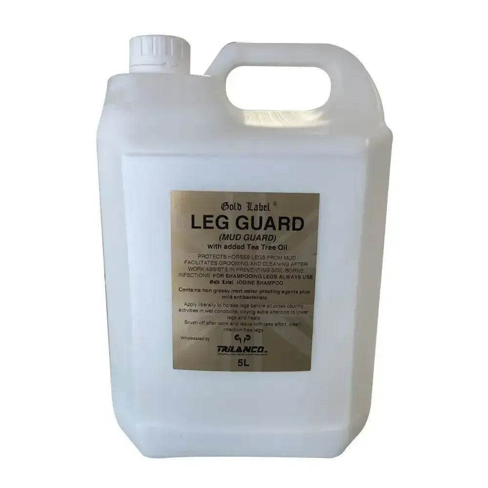 White plastic 5l jug of gold label leg guard with tea tree oil to facilitate easier cleaning of horse’s legs