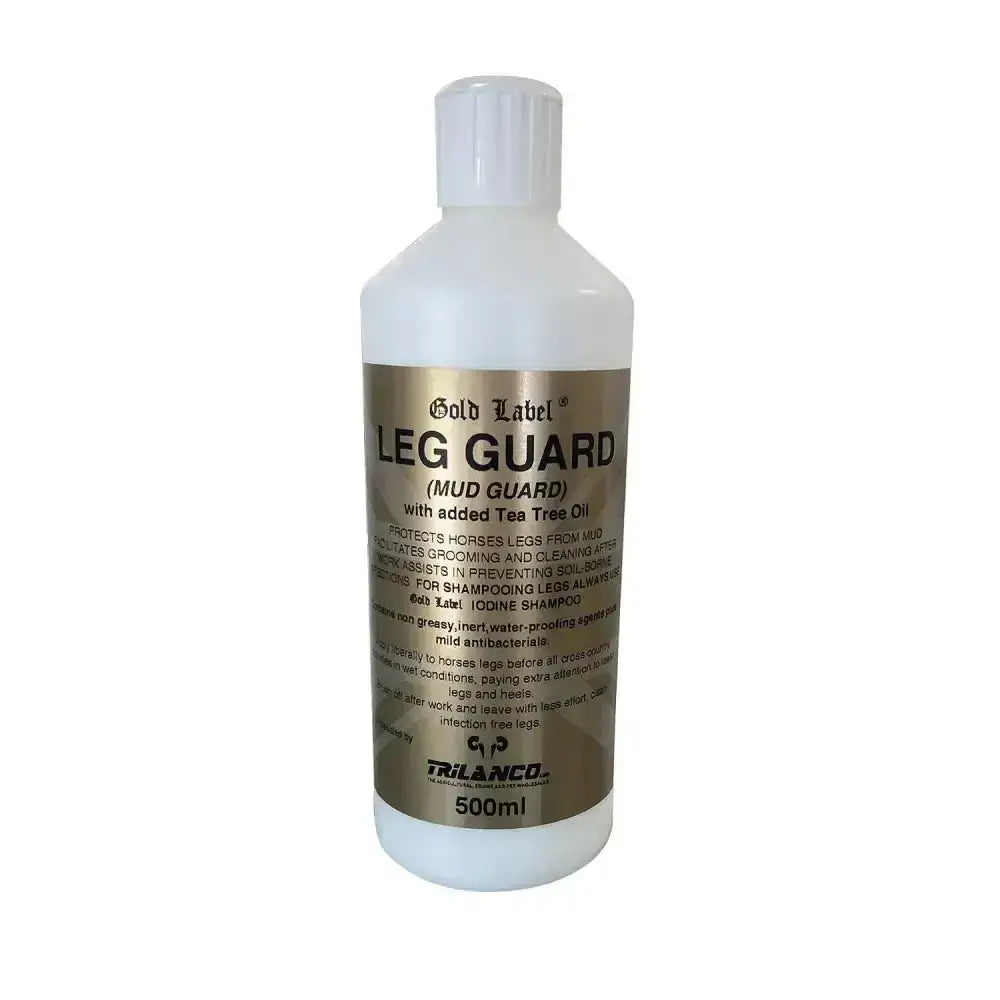 White plastic bottle with gold label leg guard added tea tree oil to facilitate easier cleaning of horse’s legs