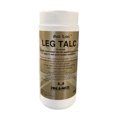 White plastic container with a gold label and black text for gold label leg talc mildly medicated talc for horses legs