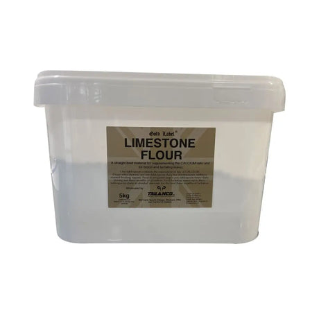 A clear plastic container of gold label limestone flour filled with white powder labeled 5kg for lactating mares