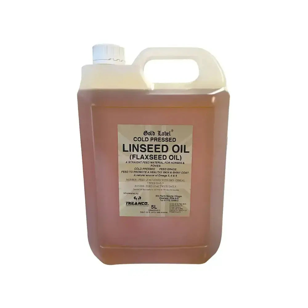 A 5-liter translucent plastic jug of amber gold label linseed oil with handle and white cap for horse supplements