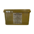 A 2kg matte olive green plastic tub of gold label louse powder with matching lid for effective pest control