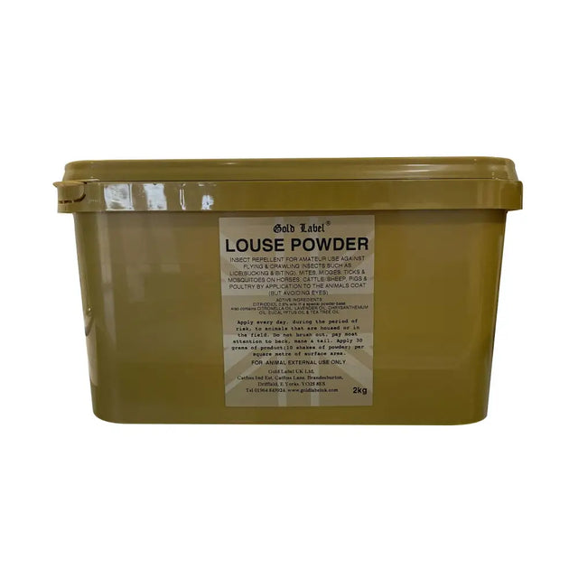 A 2kg matte olive green plastic tub of gold label louse powder with matching lid for effective pest control