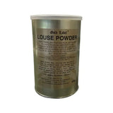 Gold label louse powder in a silver metallic cylindrical container with white lid for effective lice treatment