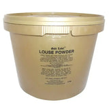 Beige plastic container of gold label louse powder with matching lid for animal use showing front label louse powder