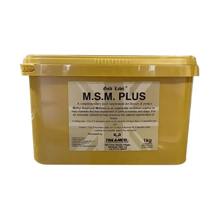 Gold label msm plus bottle showing high quality msm horse supplements for joint health and mobility support