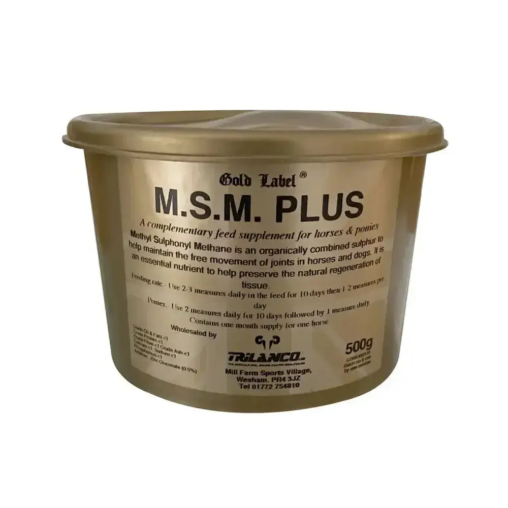 Gold label m.s.m. plus supplement bottle showing high quality msm for horse supplements in gold label packaging