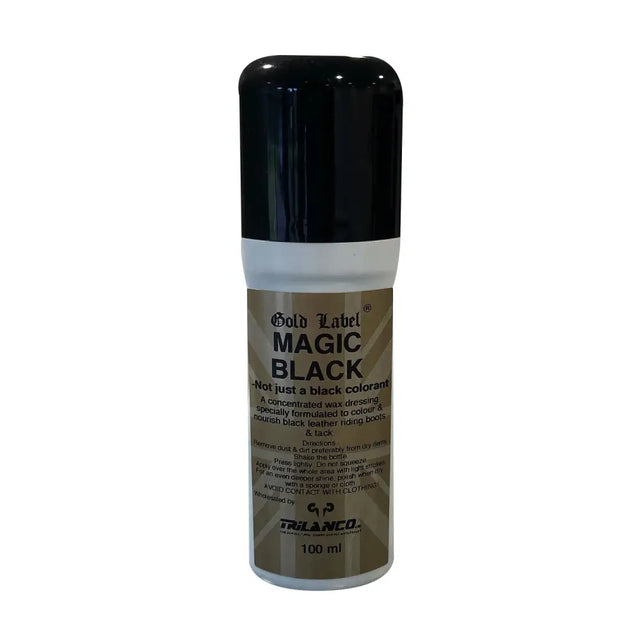 Black capped 100ml bottle of gold label magic concentrated wax dressing to nourish black leather by trilanco