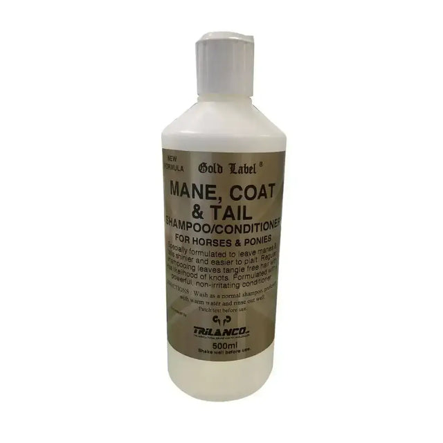 White plastic bottle of trilanco gold label mane coat and tail shampoo conditioner coconut oil-based shampoo for horses