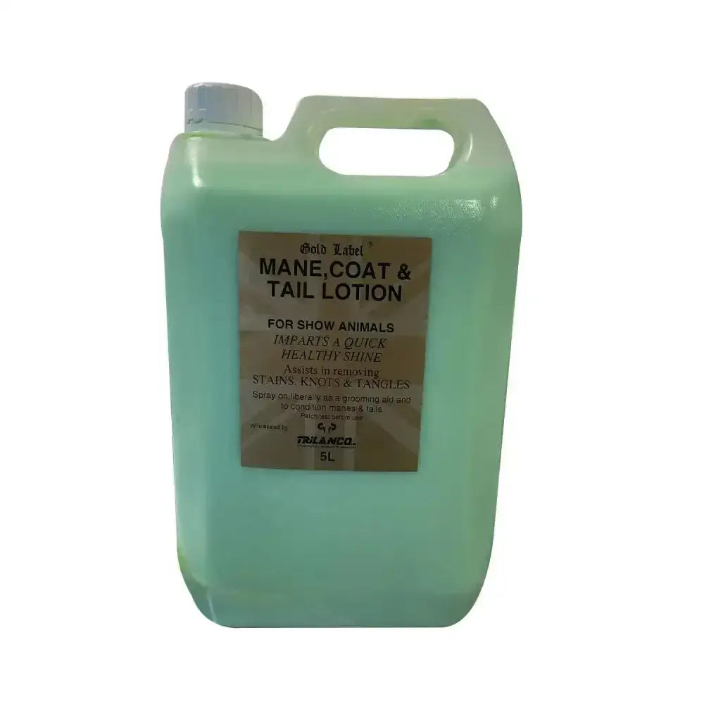 A translucent light green 5 liter plastic jug of gold label mane tail and coat lotion for show animals