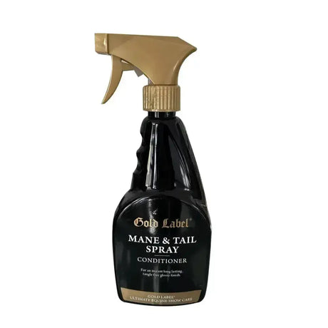 Black plastic spray bottle with gold trigger labeled gold label mane & tail spray conditioner for equestrian care
