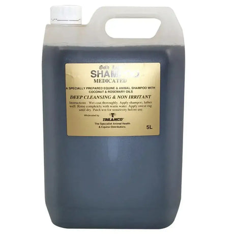 Dark blue 5-liter plastic jug of gold label medicated shampoo with coconut-based conditioner and anti-fungal properties