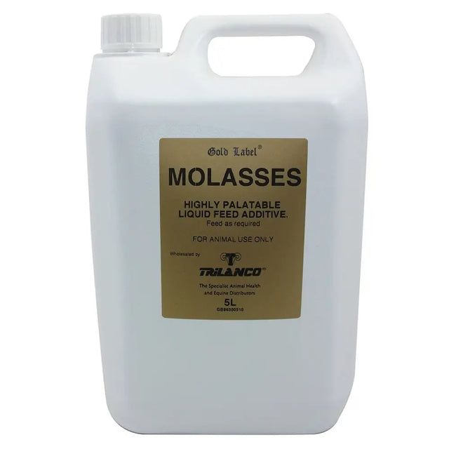 White plastic jug with handle and cap labeled gold label molasses by trilanco containing highly palatable liquid molasses