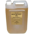 A 5-liter white plastic jug of gold label neatsfoot oil filled with translucent amber leather oil for conditioning
